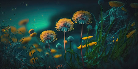 Summer floral spring background. On a dark blue green background with a close up of yellow dandelion flowers in a field in the evening at sunset Free copy space and a colorful artistic imageの素材
