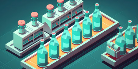 Pure spring water is processed and packaged into little bottles on a water bottling line in a water factory. selective attentionの素材