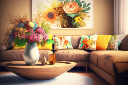 Flowers in vase on wooden coffee table in fashionable living room interior with brown corner sofa with pillows and abstract painting on the wallの素材