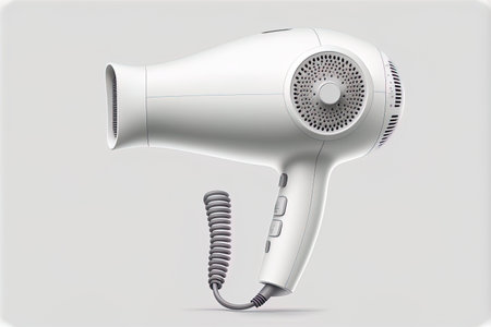 Realistic hairdryer for use in a barbershop salon or at home. Electric hair dryer with hairstyle isolated on white backdrop. a representationの素材