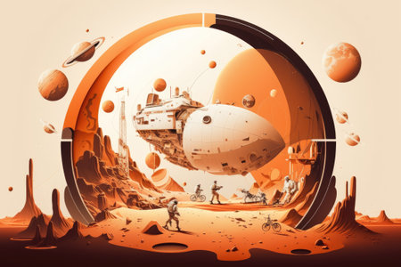 Spaceship astronauts scientific equipment and communication satellite form part of a illustration depicting the process of colonizing Marsの素材