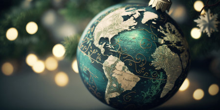 The Christmas tree background features a close up of a globe shaped ornament Christmas bauble. Happy holidays and a prosperous new year. selective attentionの素材