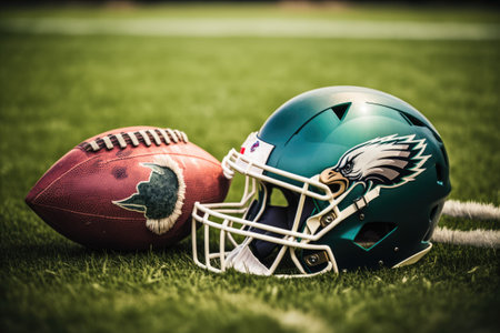 Product shot of Philadelphia Eagles gear including a football and helmet on a green playing field in Zagreb Croatia on August 13 2015の素材