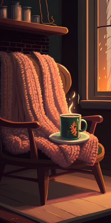 Mug with hot tea standing on a chair with woolen blanket in a cozy living room with fireplace. Cozy winter dayの素材