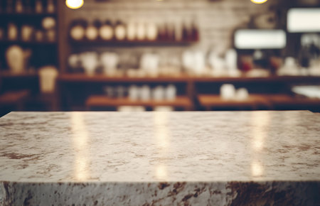 Stone table top and vintage filtered blurred restaurant interior background can be utilized to showcase or montage your merchandiseの素材