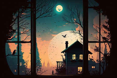 Young moon and dramatic sunset colors in the evening sky. At night houses birds and trees all take on silhouettes. Luminescence from a lone window. cozy moonlight in the city at night. homey familの素材