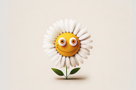 Positive print for t shirts poster idea two thirds happy emoji face with chamomile flower within. cartoon character illustration. Isolated on white backdropの素材