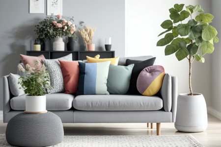 Scandinavian living room with gray sofa wooden cube cotton lamp flowers in vase colorful pillows and elegant accessories. Abstract home decorの素材
