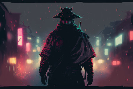 Samurai in the foreground of a rainy neon lit metropolis at night. Neon lights in the nighttime rainy and dreary streets. Samurai silhouette against a blurred background of smoke smog and gloomy cの素材
