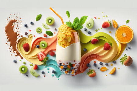 Inventive smoothie and fruit filled arrangement. Lay flat. notion of food. Smoothies against a background of whiteの素材