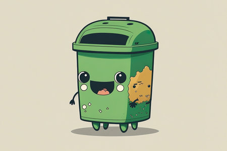 cute humorous garbage can character. Illustration of a hand drawn cartoon figure in kawaii style. On a white background alone. Recyclable trash character conceptの素材