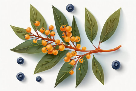 maritime buckthorn A fresh ripe berry with leaves is shown isolated against a white background with space for your text. looking up. Flat lay styleの素材