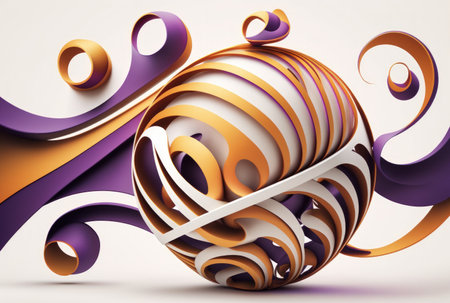 abstract artwork depicting a surreal ball or sphere with curvy wavy organic biological lines glossy plastic and matte portions in a gradient purple and orange color on whiteの素材