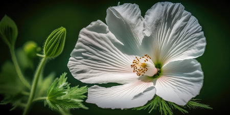 White musk mallow flower in bloom during a summer day for macro photography. White petals on a garden Malva moschata can be seen in the summertime close up image. a blossom of musk mallow against a grの素材