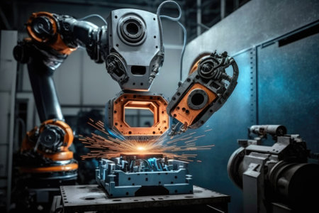 Spot welding robots are used to put together vehicle parts. Production of high tech cars using a hands off robotic systemの素材