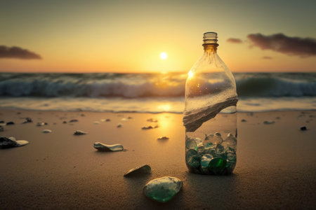 planetary environmental day. A plastic bottle is picked up by an activist on the sand. Up close. The sea and the setting sun are in the distance. from the bottom. the idea of scrubbing the coastal regの素材