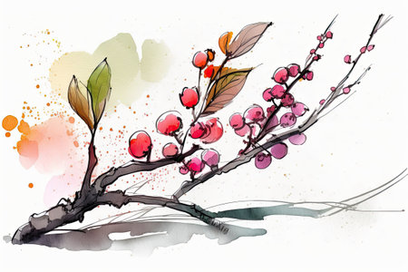 a twig from a tree that will soon bear fruit. Plum mei wild apricots and sakura are depicted in pink and red in a stylised fashion. Ink and watercolor painting in the sumi e style. The art form of tの素材