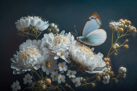 Unexpectedly stunning macro of soft exquisite white flowers with buds and a golden butterfly on a blue background. Beautifully graceful effortless magical artistic image of natureの素材