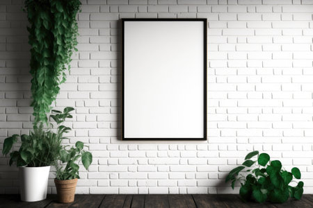 of double large 24x36 inch canvas paper for poster or artwork mockup on white brick wall in dark wooden frame in cozy modern contemporary natural interiorの素材