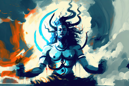 The God Mahadev on a cloudy day a Shiv mural Clouds and sun rays in blue In this om namah shivaya shivratri Shivaratri image God Mahadev is meditatingの素材