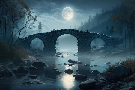 a forest straight out of a dark fantasy novel. Stones line the bank of the river in the woods. Natural lighting provided by the moon in a forested area at night. Contamination from the smoke and the sの素材