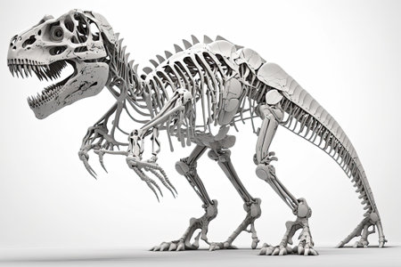 Tyrannosaurus rex (t rex) dinosaur skeleton a fossil from the Cretaceous period displayed against a white backgroundの素材