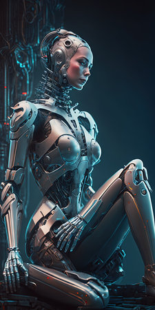 A robot or cyborg woman in cyberspace knelt down on a futuristic platform. Artificial intelligence that appears to be anthropomorphic and is mechanically intelligent Female. Concept for AI technologyの素材