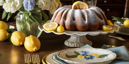A joyful table set with spring flowers and an Easter lemon bundt cake with powdered sugar garnishing it close up viewの素材