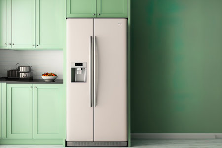 Beautiful build in kitchen cabinets in a contemporary design with a refrigerator and a plain green wall in the backdrop for a background image for home goods. Indoors interior morning backdropの素材