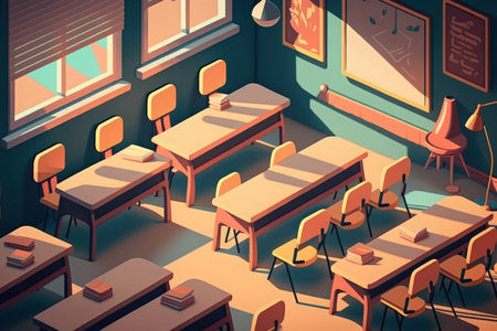 Classroom with rows of desks chairs windows Empty class room no school no student only online learning Distance Learning Online Education home School wooden chairs. Back to school conceptの素材