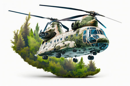 An American heavy lift helicopter with a pair of engines and a tandem rotor soars over a lush verdant terrainの素材