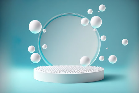 Air bubbles on a circular white platform floating over blue sea. For a cosmetics product commercial presentation mock up an empty geometric stage or platform with soap spheres or water drips. Realisの素材
