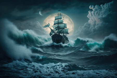 An old ship braving the waves of a wild sea. There was a full moon and it was raining and there were gloomy clouds in the distanceの素材