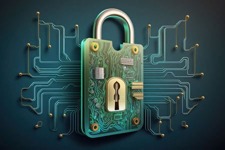 Against a fiber optic background a lock and an electrical printed circuit board are styled in technologyの素材