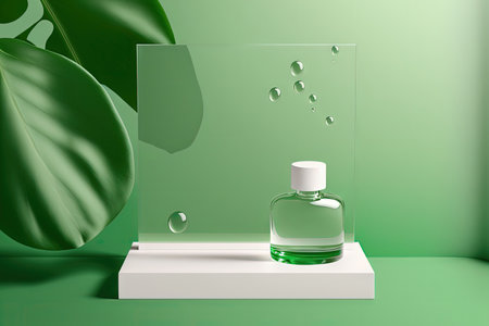 Background mockup for a product presentation. Water droplets and a glass panel are obscured in the foreground. podium with green tiles and plant shadow. include the clipping path. illustrationの素材