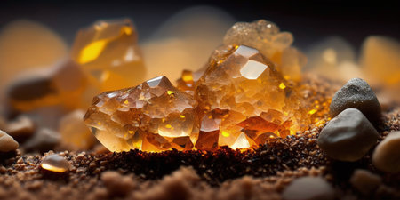 Amber quartz gravel a type of quartz sand has a transparent appearance. macro photography at close rangeの素材