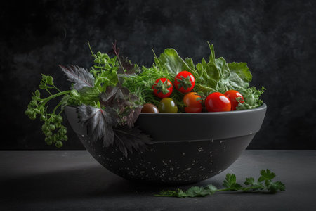 Bowl of mixed greens tomatoes and microgreens in front of a dark concrete backdrop. High quality nutritious fare a panoramic outlookの素材