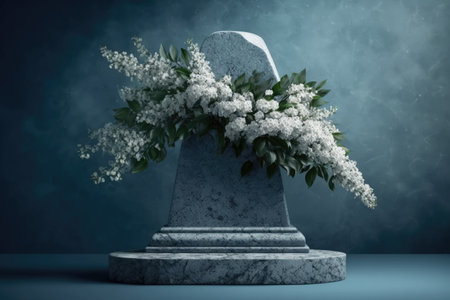 A blue background with a flat granite pedestal and white flowers. Stone represents a natural design idea. front view horizontal composition harsh lightingの素材