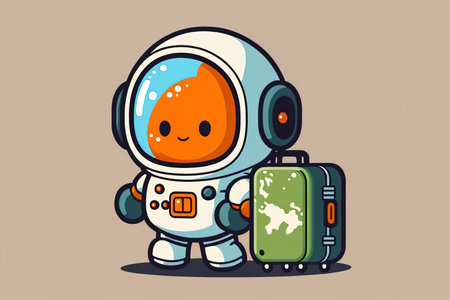 Cartoon symbol of a cute astronaut going with a luggage and a map. science related symbol concept in a flat cartoon styleの素材