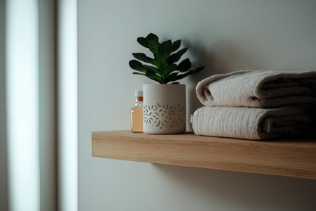 A wooden shelf with a towel shampoo and a flower can be seen in a straightforward bathroom. Minimalist designの素材