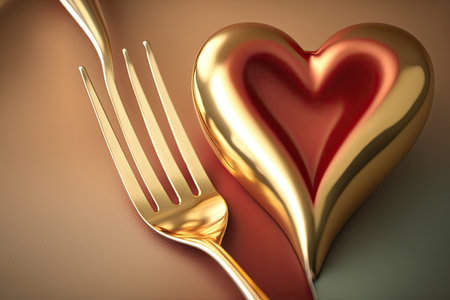 Banner. Image of a heart on a fork viewed up close. Set a festive table. The idea of a day off for eating establishments. The Day of Love for All You Singles. An identical version of the blank sectioの素材
