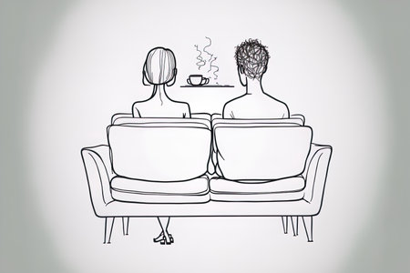 Back view of a love pair in a single line painting while they converse and sip coffee on a couch. Man and lady enjoy a leisurely day off. Remain at home. contemporary continuous line draw graphic desiの素材