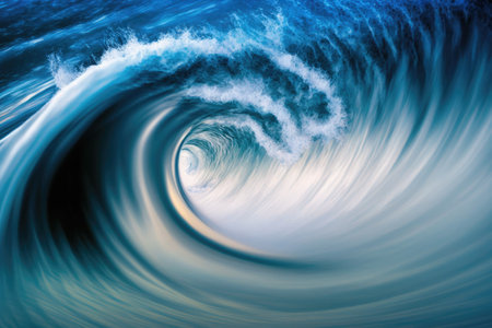 Blurred waves on a blue sea Perspective of the ocean and waves from near the sea. In close Exposed to the elements of nature. Concentric circles of soft and sharp focusの素材