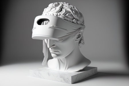 Conceptual futuristic artwork of a classical head sculpture made of white marble with a virtual reality headset isolated on a gray backdropの素材