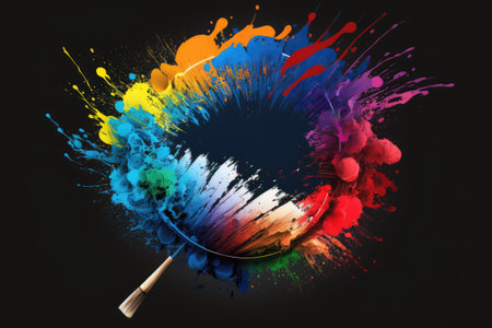 An abstract work of art with a rainbow created with the help of two brushes. The brushwork seems haphazard against the dark backgroundの素材