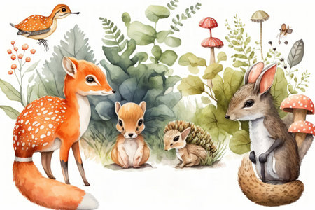 Cute watercolor illustration of infant forest animals. Little creatures (bird fox deer hare hedgehog mouse and squirrel) and plants (fern amanita mushrooms and strawberry) were isolated in thの素材
