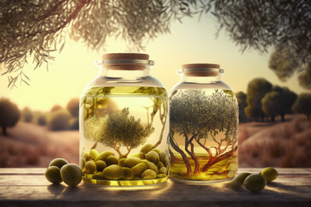 Glass jars filled with olive oil sitting atop a wooden table adorned with olive branches and olives in the midst of a crop field bursting with olive trees in the warm sunlightの素材