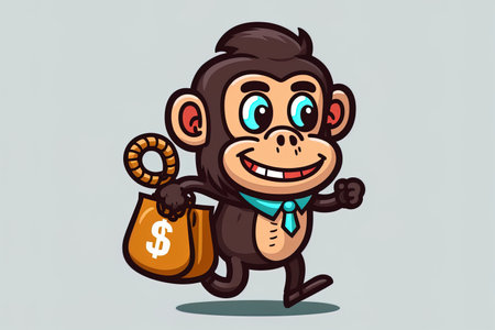 Cartoon symbol of a cool monkey carrying money in a bag. idea of an animal financial emblem solitary and premium. cartoonishly flatの素材