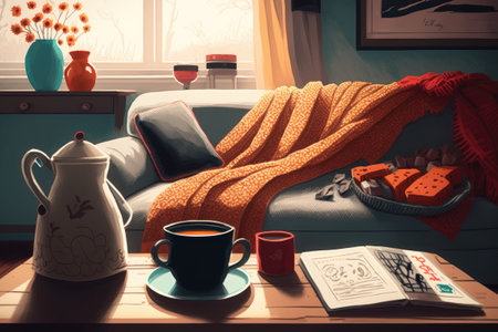 Details of a living room still life. On the coffee table there is a knitted blanket and a steaming cup of tea. Morning sunshine and breakfast on the couch. Theme of coziness in the fall or winterの素材