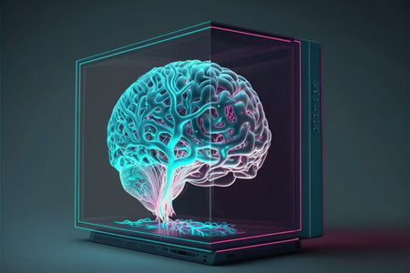 Double exposure shows a desktop computer drawing a hologram of the brain. Concept of artificial intelligenceの素材